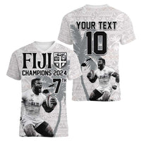 Custom Fiji Rugby Pacific Champions 2024 Women V-Neck T-Shirt Anniversary 7 Titles - Fijians Rugby and Tapa Hibiscus White Art LT03 - Polynesian Pride
