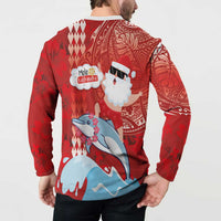 Hawaiian Mele Kalikimaka Button Sweatshirt Funny Santa Riding Lei Dolphin with Kakau Tattoos - Polynesian Pride
