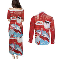 Hawaiian Mele Kalikimaka Couples Matching Puletasi and Long Sleeve Button Shirt Funny Santa Riding Lei Dolphin with Kakau Tattoos - Polynesian Pride