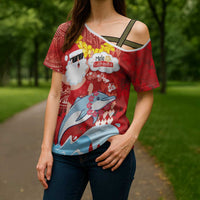 Hawaiian Mele Kalikimaka Cross Shoulder Shirt Funny Santa Riding Lei Dolphin with Kakau Tattoos - Polynesian Pride