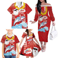 Hawaiian Mele Kalikimaka Family Matching Off The Shoulder Long Sleeve Dress and Hawaiian Shirt Funny Santa Riding Lei Dolphin with Kakau Tattoos - Polynesian Pride