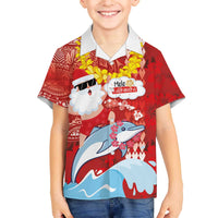 Hawaiian Mele Kalikimaka Family Matching Off The Shoulder Long Sleeve Dress and Hawaiian Shirt Funny Santa Riding Lei Dolphin with Kakau Tattoos - Polynesian Pride