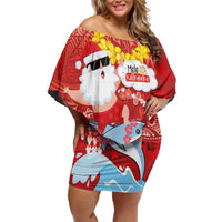 Hawaiian Mele Kalikimaka Family Matching Off Shoulder Short Dress and Hawaiian Shirt Funny Santa Riding Lei Dolphin with Kakau Tattoos - Polynesian Pride