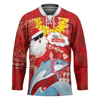 Hawaiian Mele Kalikimaka Hockey Jersey Funny Santa Riding Lei Dolphin with Kakau Tattoos - Polynesian Pride