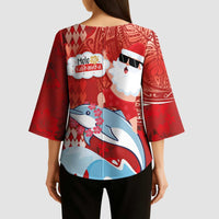Hawaiian Mele Kalikimaka Kimono Sleeve Blouse Funny Santa Riding Lei Dolphin with Kakau Tattoos - Polynesian Pride