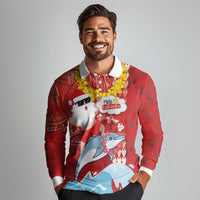 Hawaiian Mele Kalikimaka Long Sleeve Polo Shirt Funny Santa Riding Lei Dolphin with Kakau Tattoos - Polynesian Pride