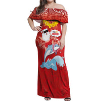 Hawaiian Mele Kalikimaka Off Shoulder Maxi Dress Funny Santa Riding Lei Dolphin with Kakau Tattoos - Polynesian Pride