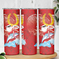 Hawaiian Mele Kalikimaka Skinny Tumbler Funny Santa Riding Lei Dolphin with Kakau Tattoos - Polynesian Pride