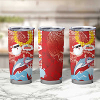 Hawaiian Mele Kalikimaka Tumbler Cup Funny Santa Riding Lei Dolphin with Kakau Tattoos - Polynesian Pride