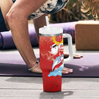 Hawaiian Mele Kalikimaka Tumbler With Handle Funny Santa Riding Lei Dolphin with Kakau Tattoos - Polynesian Pride