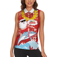 Hawaiian Mele Kalikimaka Women Sleeveless Polo Shirt Funny Santa Riding Lei Dolphin with Kakau Tattoos - Polynesian Pride