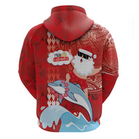 Hawaiian Mele Kalikimaka Zip Hoodie Funny Santa Riding Lei Dolphin with Kakau Tattoos - Polynesian Pride