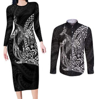 Hawaiian Whales Polynesian Art Motifs Couples Matching Long Sleeve Bodycon Dress and Long Sleeve Button Shirt Black Color LT03 Black - Polynesian Pride