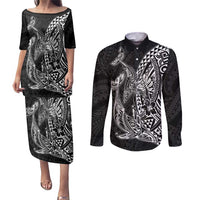 Hawaiian Whales Polynesian Art Motifs Couples Matching Puletasi and Long Sleeve Button Shirt Black Color - Polynesian Pride