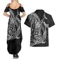 Hawaiian Whales Polynesian Art Motifs Couples Matching Summer Maxi Dress and Hawaiian Shirt Black Color LT03 - Polynesian Pride