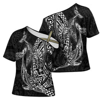 Hawaiian Whales Polynesian Art Motifs Cross Shoulder Shirt Black Color - Polynesian Pride