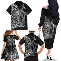 Hawaiian Whales Polynesian Art Motifs Family Matching Off The Shoulder Long Sleeve Dress and Hawaiian Shirt Black Color - Polynesian Pride