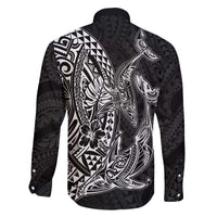 Hawaiian Whales Polynesian Art Motifs Family Matching Off The Shoulder Long Sleeve Dress and Hawaiian Shirt Black Color - Polynesian Pride