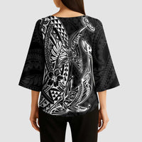 Hawaiian Whales Polynesian Art Motifs Kimono Sleeve Blouse Black Color - Polynesian Pride