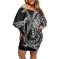 Hawaiian Whales Polynesian Art Motifs Off Shoulder Short Dress Black Color - Polynesian Pride