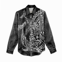 Hawaiian Whales Polynesian Art Motifs Women Casual Shirt Black Color - Polynesian Pride