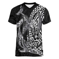 Hawaiian Whales Polynesian Art Motifs Women V-Neck T-Shirt Black Color - Polynesian Pride