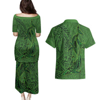 Hawaiian Whales Polynesian Art Motifs Couples Matching Puletasi and Hawaiian Shirt Green Color LT03 - Polynesian Pride