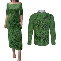 Hawaiian Whales Polynesian Art Motifs Couples Matching Puletasi and Long Sleeve Button Shirt Green Color - Polynesian Pride