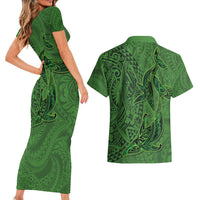Hawaiian Whales Polynesian Art Motifs Couples Matching Short Sleeve Bodycon Dress and Hawaiian Shirt Green Color LT03 - Polynesian Pride