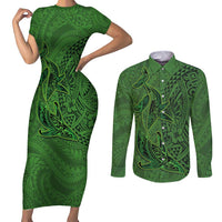 Hawaiian Whales Polynesian Art Motifs Couples Matching Short Sleeve Bodycon Dress and Long Sleeve Button Shirt Green Color LT03 Green - Polynesian Pride