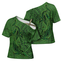 Hawaiian Whales Polynesian Art Motifs Cross Shoulder Shirt Green Color - Polynesian Pride