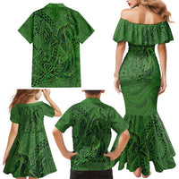 Hawaiian Whales Polynesian Art Motifs Family Matching Mermaid Dress and Hawaiian Shirt Green Color - Polynesian Pride