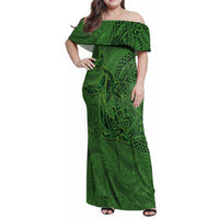 Hawaiian Whales Polynesian Art Motifs Family Matching Off Shoulder Maxi Dress and Hawaiian Shirt Green Color - Polynesian Pride