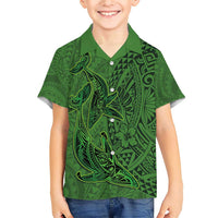 Hawaiian Whales Polynesian Art Motifs Family Matching Short Sleeve Bodycon Dress and Hawaiian Shirt Green Color - Polynesian Pride