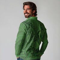 Hawaiian Whales Polynesian Art Motifs Long Sleeve Polo Shirt Green Color - Polynesian Pride