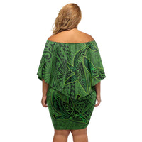 Hawaiian Whales Polynesian Art Motifs Off Shoulder Short Dress Green Color - Polynesian Pride