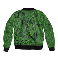 Hawaiian Whales Polynesian Art Motifs Sleeve Zip Bomber Jacket Green Color - Polynesian Pride