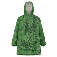 Hawaiian Whales Polynesian Art Motifs Wearable Blanket Hoodie Green Color - Polynesian Pride