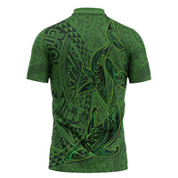 Hawaiian Whales Polynesian Art Motifs Zipper Polo Shirt Green Color - Polynesian Pride