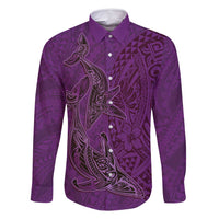 Hawaiian Whales Polynesian Art Motifs Family Matching Long Sleeve Bodycon Dress and Hawaiian Shirt Purple Color - Polynesian Pride