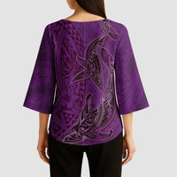 Hawaiian Whales Polynesian Art Motifs Kimono Sleeve Blouse Purple Color - Polynesian Pride