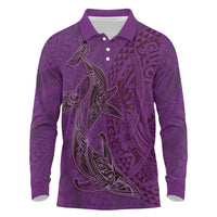 Hawaiian Whales Polynesian Art Motifs Long Sleeve Polo Shirt Purple Color - Polynesian Pride