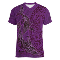 Hawaiian Whales Polynesian Art Motifs Women V-Neck T-Shirt Purple Color - Polynesian Pride
