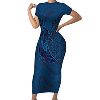 Hawaiian Whales Polynesian Art Motifs Short Sleeve Bodycon Dress Blue Color - Polynesian Pride