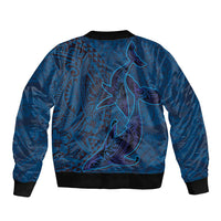 Hawaiian Whales Polynesian Art Motifs Sleeve Zip Bomber Jacket Blue Color - Polynesian Pride