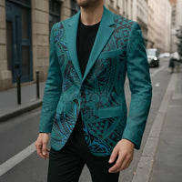 Hawaiian Whales Polynesian Art Motifs Blazer Turquoise Color - Polynesian Pride
