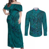 Hawaiian Whales Polynesian Art Motifs Couples Matching Off Shoulder Maxi Dress and Long Sleeve Button Shirt Turquoise Color - Polynesian Pride