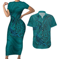 Hawaiian Whales Polynesian Art Motifs Couples Matching Short Sleeve Bodycon Dress and Hawaiian Shirt Turquoise Color LT03 Turquoise - Polynesian Pride