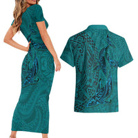 Hawaiian Whales Polynesian Art Motifs Couples Matching Short Sleeve Bodycon Dress and Hawaiian Shirt Turquoise Color LT03 - Polynesian Pride