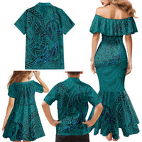 Hawaiian Whales Polynesian Art Motifs Family Matching Mermaid Dress and Hawaiian Shirt Turquoise Color - Polynesian Pride